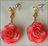24 K Gold Rose Miniature Rose Earrings - Pink Wild Rose Bud Dangle