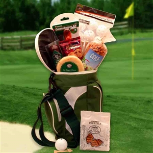 A back pack ice cooler shaped like a golf bag filled with golfer's accessories and snacks.