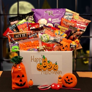 Halloween Sampler Care Package is a decorated gift box filled with fun Halloween treats and novelties.