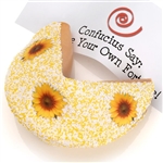 Giant Fortune Cookie dipped in white Belgian chocolate and decorated with sunflower candies.