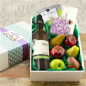 Box of Premium Fresh Fruit, Cookie, Chocolates and a Bottle of Wine for Mothers Day