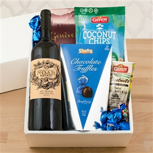 Kosher Certified Gift Box with Noah Estate red wine combined with chocolate and nuts.