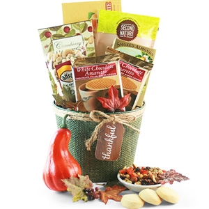 Burlap covered bucket with thankful hangtag and gourmet treats inside