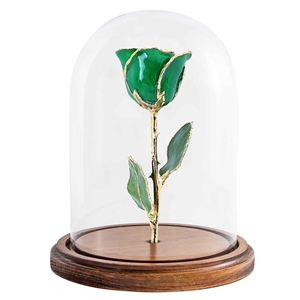 8 Inch Stemmed Emerald Sparkle Rose with 24K Gold Trim in a glass dome and permanently affixed to a wood base