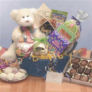 Birthday Gift Basket featuring a plush teddy bear and gourmet treats