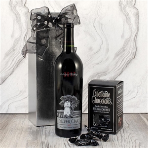 A bottle of Silver Oak Cabernet in a Silvery Wine Gift Box with Truffles