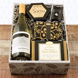 Gift Box with chardonnay, cheese and crackers, and more.