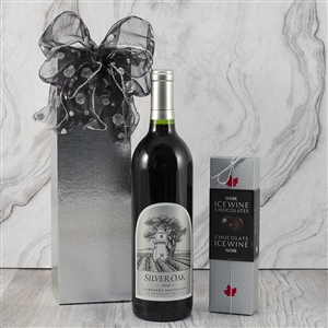 A bottle of Silver Oak Alexander Valley Cabernet in a Silvery Wine Gift Box with Chocolates