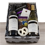 Gift Box with two bottles of California wine, a red and a white with gourmet treats