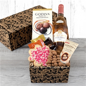 Gift box with a Rose Wine, Truffles and a Sprinkled Iced Sugar Cookie