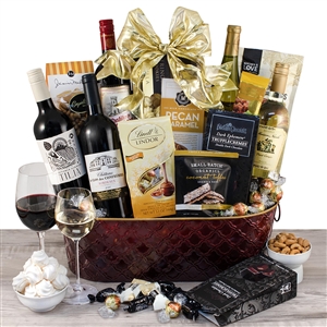 5 Bottles of Wine from around the world and tons of gourmet foods in a large Gift Basket