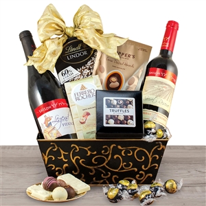 Kosher Certified Gift Basket with two Shiloh red wine bottles and kosher gourmet