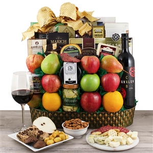 Traflagar Square Fruit and Wine Gift Basket Includes 12 Pieces of Fruit and Red Wine