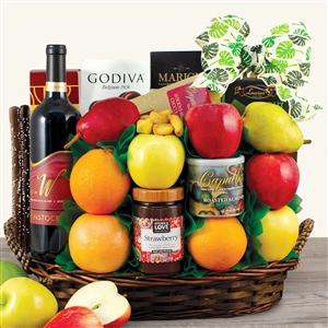 Kosher Certified Gift Box with Red Wine, Fruit, and Snacks