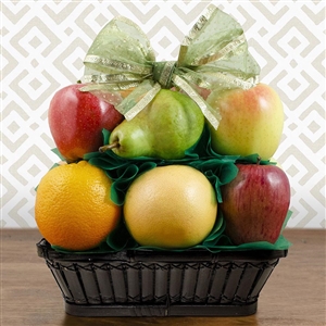 A wicker basket filled with eleven pieces of fresh fruit