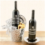 Jerusalem Hills Red Blend Wine and Chocolate Covered Almonds with a Ceramic Wine Bottle Coaster that is silver coated