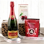 Valentines Day Champagne and Chocolate Covered Cherries Gift Basket