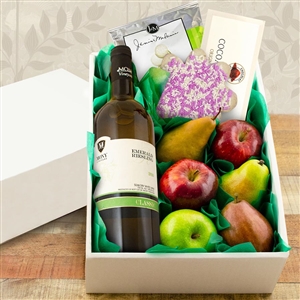 Box of Premium Fresh Fruit, Cookie, Chocolates and a Bottle of Riesling Wine