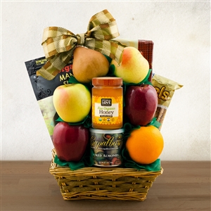 Kosher Certified Gift Box with 6 pieces of fruit, raw honey, and snacks in a willow basket. Rosh Hashanah Gift.
