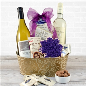 Purple Ribbon White Wine Duo Gift Basket