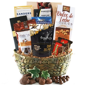 Straw basket filled with kosher gourmet chocolate treats