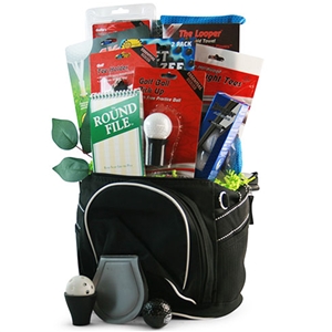A cooler holding 6 bottles serves as the gift basket for real golf accessories for the perfect gift for the golf lover