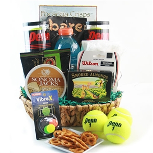 Match Point Tennis Gift Basket contains tennis balls, tennis accessorites and gourmet snacks