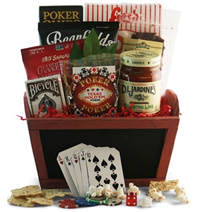 Texas Hold 'Em Poker Gift Basket contains poker themed snacks, cards and poker chips