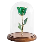 8 Inch Stemmed Emerald Sparkle Rose with 24K Gold Trim in a glass dome and permanently affixed to a wood base