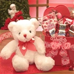 Large care package for Valentines Day that includes an 8 inch plush white bear and lots of chocolates