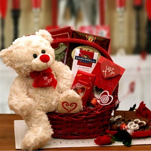 Gift Basket for Valentines Day that includes a teddy bear and an assortment of sweet treats for Adults