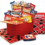 A gift box full of snacks and travel games for the family