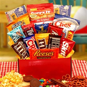 Gloss Red Gift Box with a Yellow Bow filled with America's Favorite Candies and Snacks can ship to Military addresses.