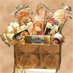 A gift box with classic globe images filled with snacks