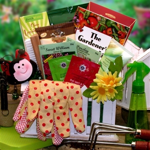 A gift box for the gardener includes gardening accessories and tools and some treats.