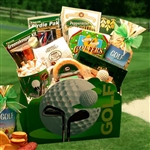 A golf themed gift basket with golf accessories and treats
