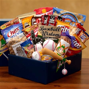 A huge gift box full of baseball themed gifts and treats, including a real baseball