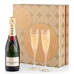Bottle of Moet Chandon Champagne and Two Crystal Flutes in a Gift Box