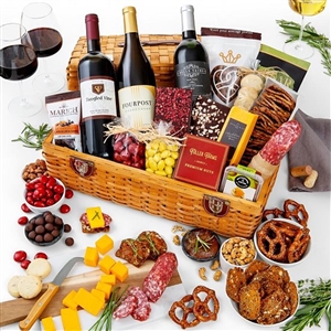 Country Estate Wine Gift Basket is a picnic style hamper filled with 3 bottles of wine and lots of gourmet treats