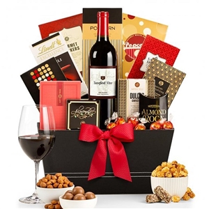 A gourmet food basket with choice of a red blend or a chardonnay wine