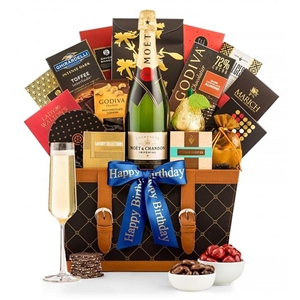 Basket of Happy Birthday Champagne and gourmet foods with a Happy Birthday ribbon
