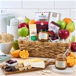 A large gift basket with Fruit, Cheese and Snacks Gourmet Gift Baskets, large enough for a family