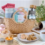 Large Hyacinth basket with tea infuser, tea, cookies and keepsake magnetic closure box