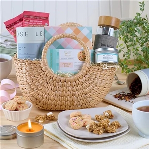 Large Hyacinth basket with tea infuser, tea, cookies and keepsake magnetic closure box