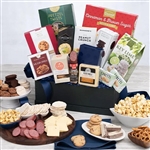 A premium size paperboard basket with sausage, cheese, crackers, cookies and more
