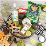 Gift basket with everything to make guacamole including fresh limes and avocados and everything to make virgin margaritas.