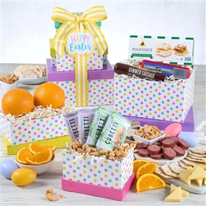 Happy Easter gift tower with fruit and gourmet food