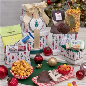 3 Tiers of Christmas gift boxes filled with gourmet treats