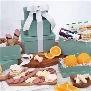 Tower of Gift Boxes in sage green filled with fruit, cheese, and meat Gourmet Foods