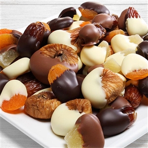 One pound of Belgian Chocolate Covered Dried Fruit in a Variety including figs and apricots